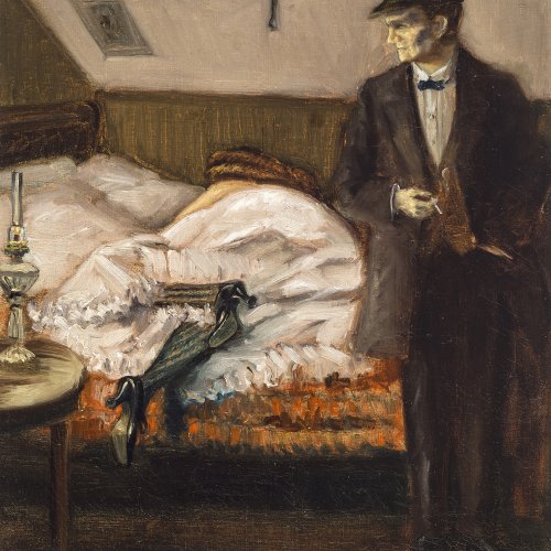 Wenzel, 20. Jh. Kavalier mit Dame im Schlafzimmer. ÖL/Karton. 36 x 29 cm.