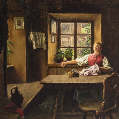 Rau, Emil, Dirndl in der Stube. Öl/Lw. 76 x 95 cm. Sign.