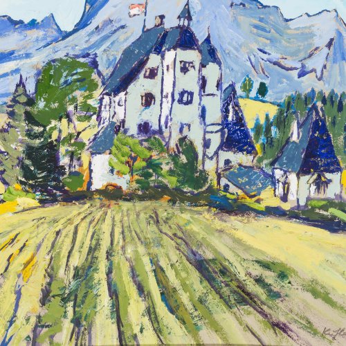 Kühlewein, Bernhard. Bergland. Öl/Karton. 38,5 x 52 cm. Rücks. persönliche Widmung. Sign.