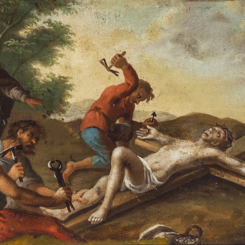 Süddeutsch, 18./19. Jh. Jesus wird ans Kreuz geschlagen (aus einer Kreuzwegstation). Öl/Lw. /Karton. 33 x 40 cm. Unsign.