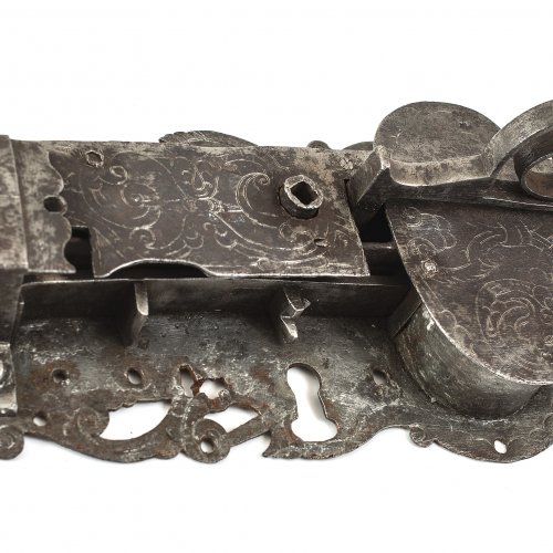 Türschloss. Schmiedeeisen, L. 36 cm.
