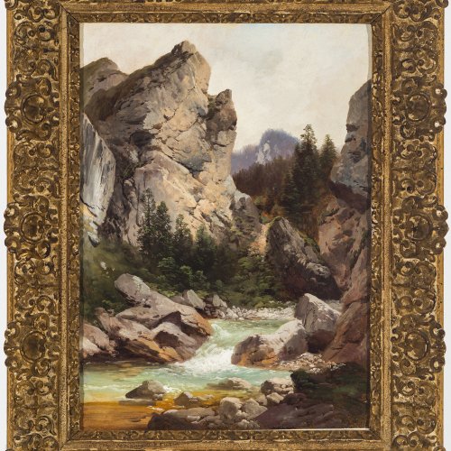 Millner, Karl, zugeschrieben. Klamm bei Kufstein (?). Öl/Lw. 55 x 40 cm. Doubl., rest. Unsign. Rücks. auf einer Leinwand Nachlassstempel.