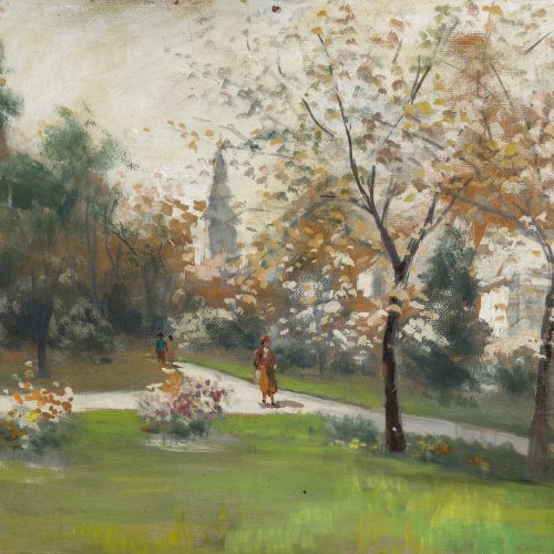 Berkes, Antal. Sommerliche Parkszene in Budapest. Öl/Malkarton. 30 x 40 cm. Sign., dat. 1938.