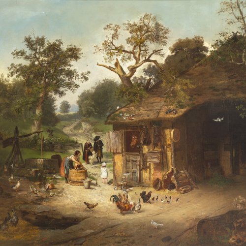 Dieffenbach, Anton Heinrich. Szene vor einem Bauerngehöft. 113 x 132 cm. Doubl., rest. Monogr.