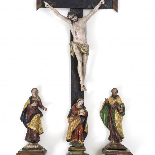 Kreuzigungsgruppe mit Assistenzfiguren.