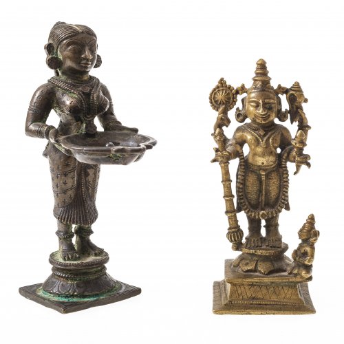 Zwei Bronzefiguren, Indien: Dipa Laksmi, Vishnu