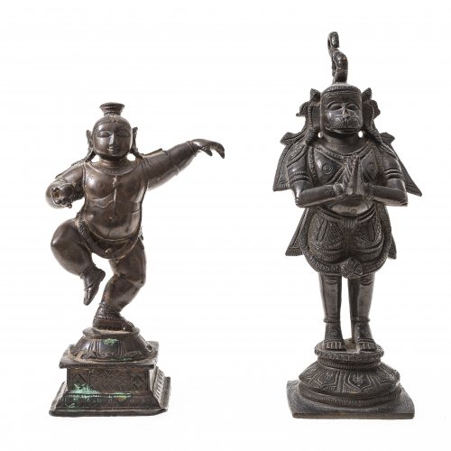 Zwei Bronzefiguren, tanzender Krishna und Narasimha