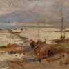 Italien (?), 19. Jh. Blick auf einen See mit einer Stadt am Horizont. Öl/Karton. 10,5 x 21,5 cm. Unsign.