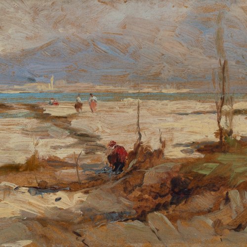 Italien (?), 19. Jh. Blick auf einen See mit einer Stadt am Horizont. Öl/Karton. 10,5 x 21,5 cm. Unsign.