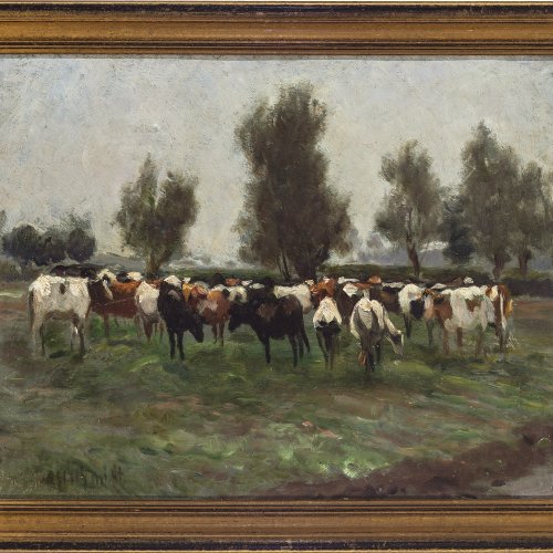 Stahlschmidt, Max. Weidevieh in weiter Sommerlandschaft. Öl/Karton. 27 x 44 cm. Rest., sign.