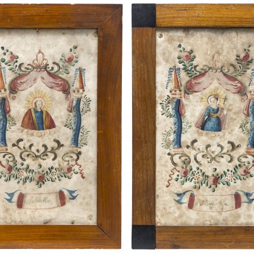 Zwei Andachtsbilder. Christus Salvator und hl. Margareta. Aquarell.