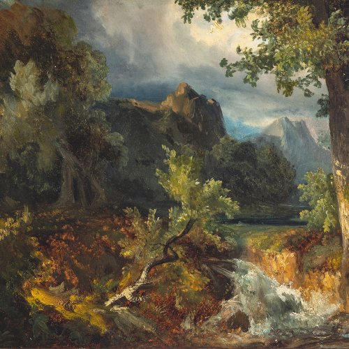 Blechen, Carl Eduard, zugeschrieben. Waldstück. Öl/Papier/Lw. 33 x 41 cm. Rest., unsign. Rücks. Nr. A396.