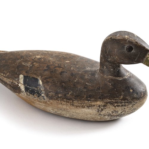 Lockente. Holz, übergangene Farbfassung. L. 42 cm. Best.