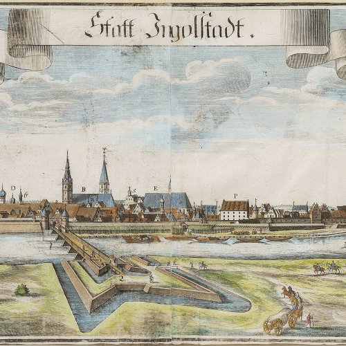Kupferstich. Ingolstadt. Fleckig. 24,5 x 69 cm.
