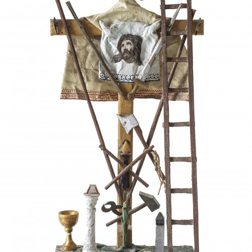 Standkreuz mit Arma Christi, Holz, Stoff, bemalt