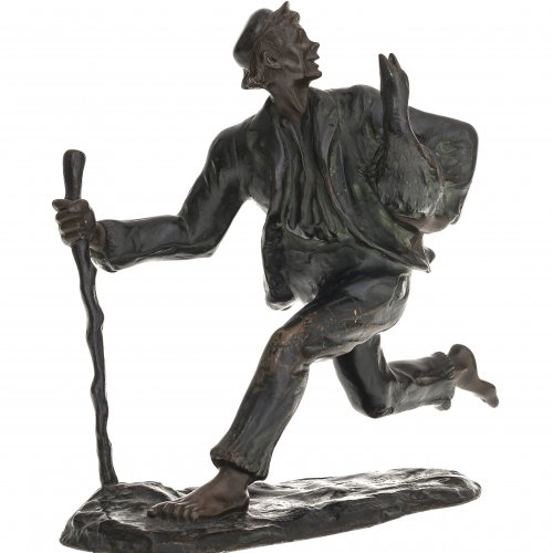 Plessner, Jakob, zugeschrieben. Hans im Glück. Bronze, patiniert. Im Laufschritt, auf den Stab gestützt, im Arm hält er die Gans. Berieben, aufgelötete Bodenplatte lose. Unsign. H. 20 cm.