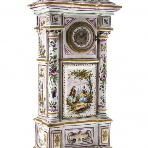 Kommodenuhr. Fayence, Emailmalerei, Veuve Perrin(?).