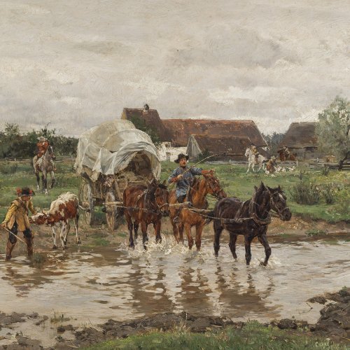 Velten, Wilhelm von. Planwagen mit Soldaten überqueren einen Bach. Öl/Holz. 24,5 x 33 cm. Sign.