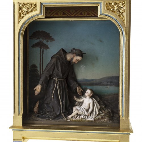 Kastenbild, hl. Franziskus mit dem Jesuskind.