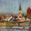 Deutsch, um 1920. Kleine Ortschaft mit hohem  Kirchturm an einem Fluss. Öl/Lw. 30 x 40 cm. Unles. sign.