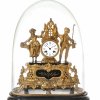 Kaminuhr mit Figurenpaar, Messing, Zinkguss, vergoldet, mit Glassturz.