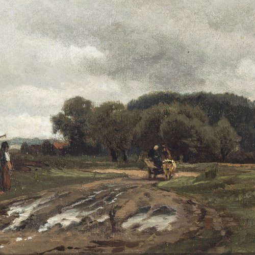 Weber, Paul. Feldweg bei bewölktem Sommerhimmel. Öl auf Karton. 16,5 x 25,6 cm. Monogr., dat. 1881.