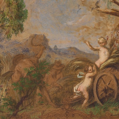 Schachinger, Gabriel, zugeschrieben. Entwurf für ein Deckengemälde, Allegorie des Herbstes. Mischtechnik/Karton. 22,5 x 32,5 cm. Unsign.