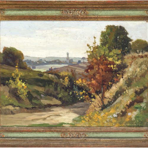 Herrmannsdörfer, Joseph. Landschaft bei Dachau. ÖL/Karton. 33 x 48 cm. Unles. sign.