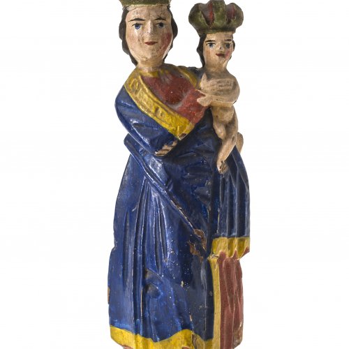 Holzscheitelmadonna. Farbig gefasst. H. 23 cm.
