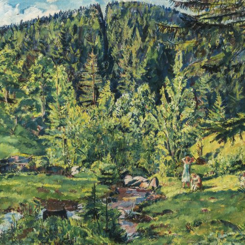 Büttner, Erich. Waldlandschaft mit Mädchen an einem Bach. Öl/Holz. 59 x 68,5 cm. Sign., dat.