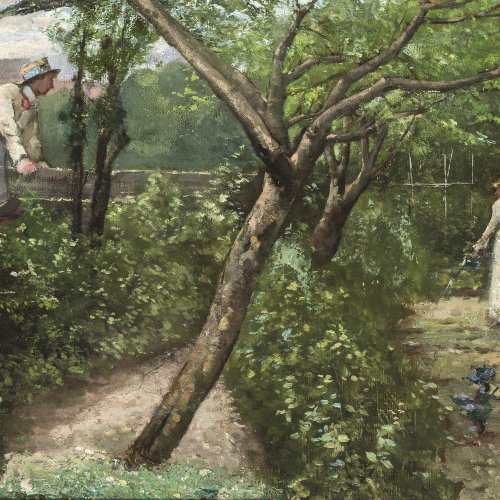 Deutsch, um 1900. Junger Mann mit Kreissäge steigt über eine Mauer in einen Garten. Öl/Lw. 36,5 x 54 cm. Unsign.