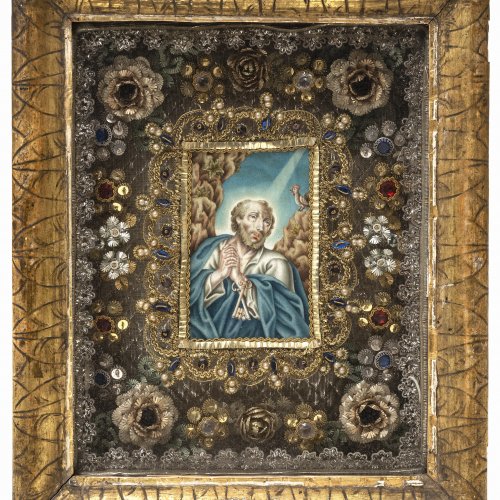 Klosterarbeit mit Aquarell des hl. Petrus.
