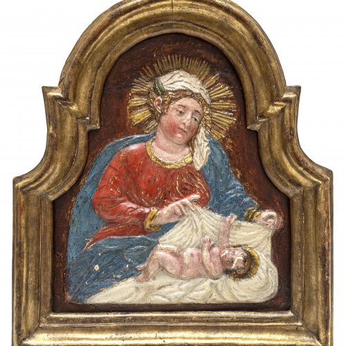 Maria mit dem Jesuskind, Keramikrelief, bemalt, Italien, 18. Jh.