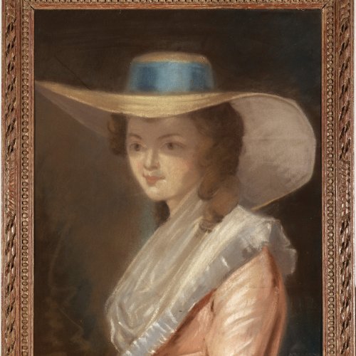 Um 1850, Mädchen mit Hut, Pastell.