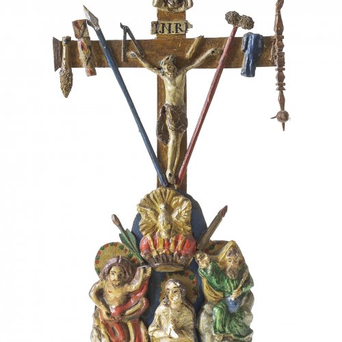 Standkreuz mit Arma Christi, Holz, Modelliermasse, farbig gefasst
