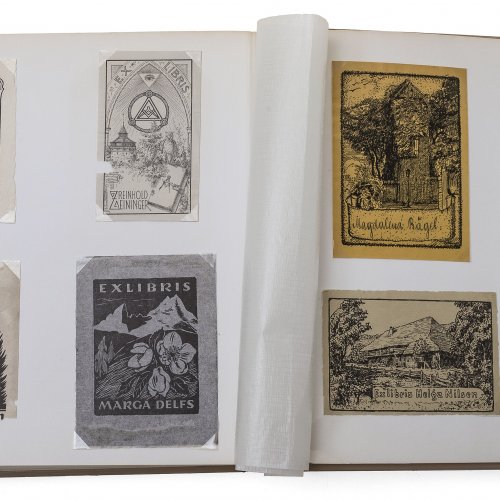Exlibris im Album, ca. 136 Teile, u.a. Friedrich Bonte, Caterina Valente, Heinrich Böll.
