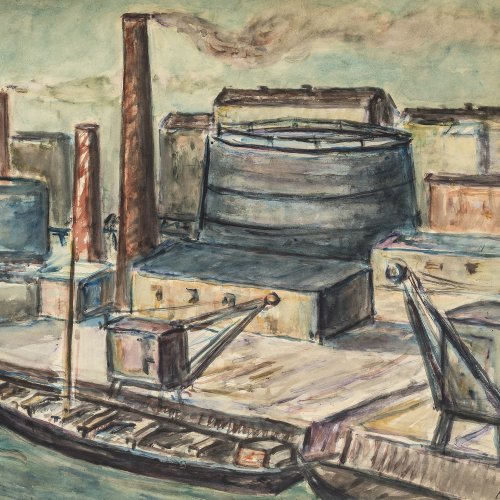 Thümen, H. Freiherr von, Industriehafen, Aquarell, 48,5 x 64 cm, sign.