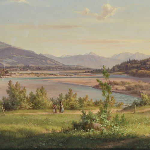 Schmitt, L., Isarlandschaft, Öl/Lw., 26 x 51 cm.