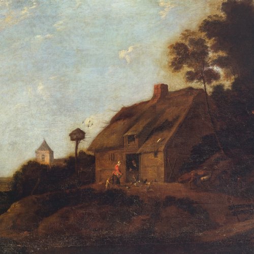 Niederlande, 17. Jh., Bauernhaus mit Bäuerin, Öl/Lw.