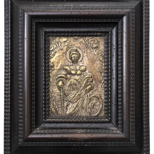 Relief mit hl. Katharina, 16 x 11,5 cm, Flammleistenrahmen.