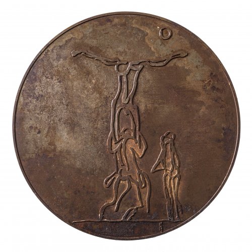 Tondo, 20. Jh. Eisen (Cortenstahl), geschnitten. Kreuzigungsszene. ø 29,5 cm. Unsign.