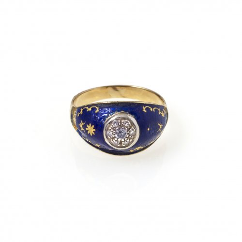 Ring, blau emailliert, Diamantbesatz.