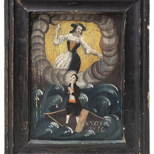 Votivtafel, Tempera/Holz, hl. Notburga von Rattenberg.