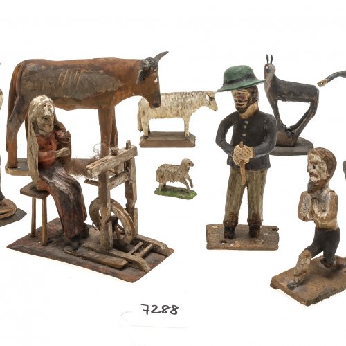 Krippenfiguren, Konvolut, Holz, farbig bemalt.