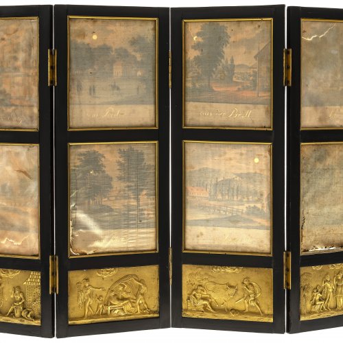 Tischparavent, Wien, um 1800, mit Bronzetäfelchen und Gouachemalereien von Landschaftsgärten in Wien und Umgebung, 40 x 56,5 cm.