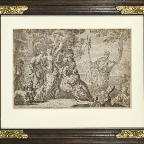 Veronese, Paolo, Nachfolge, Auffindung Mosis. Lavierte Federzeichnung. 26 x 39,5 cm.