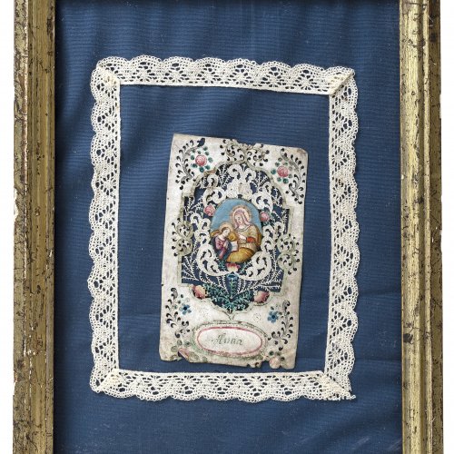 Spitzenbild, hl. Anna, Aquarellmedaillon, gerahmt.