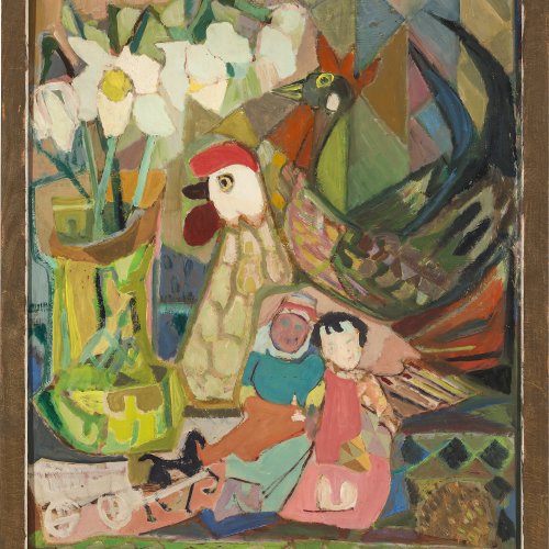 Beck, Ludwig Maria. Szene mit Hühnern, Spielzeug und Blumen. Öl/Hartfaser. 62,5 x 50 cm. Sign.