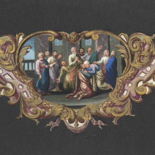 Aquarellkartusche mit den Jüngern Jesu, konturiert, 17 x 33 cm, gerahmt.