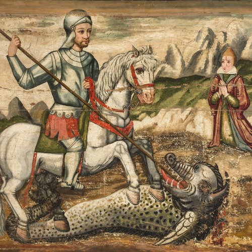 Große Altartafel mit hl. Georg, Tempera/Holz. Tirol. 106 x 130 cm.